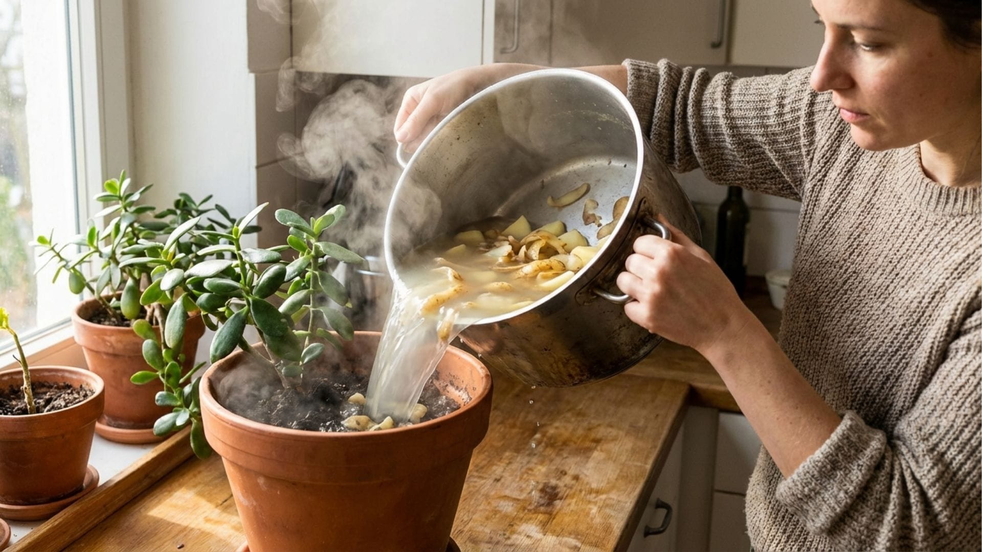 Eine Frau gießt abgekühltes Kartoffelwasser aus einem Topf in eine Zimmerpflanze.