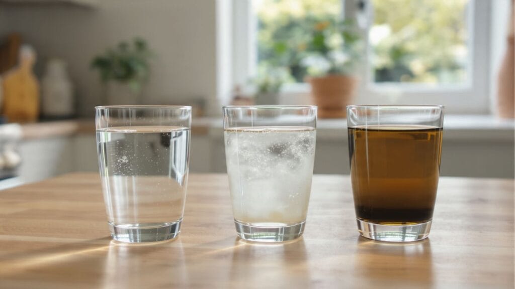 Kartoffelwasser Check mit drei Gläsern – klar, trüb und ungeeignet für Pflanzen