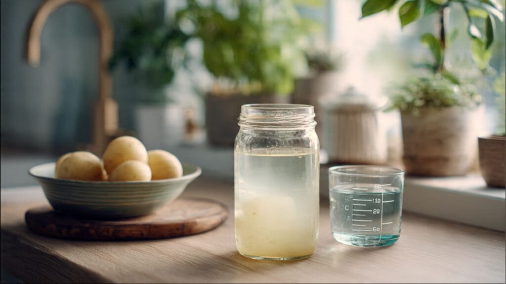 Abgekühltes Kartoffelwasser und Wasser zum Verdünnen neben einer Zimmerpflanze