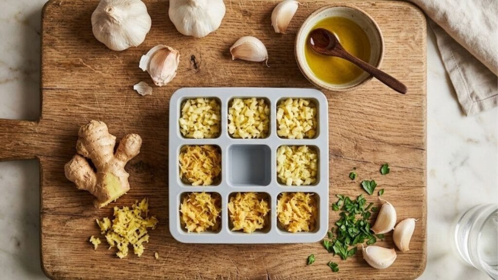 Knoblauch und Ingwer als Eiswürfel vorbereiten Meal Prep Küchenhack