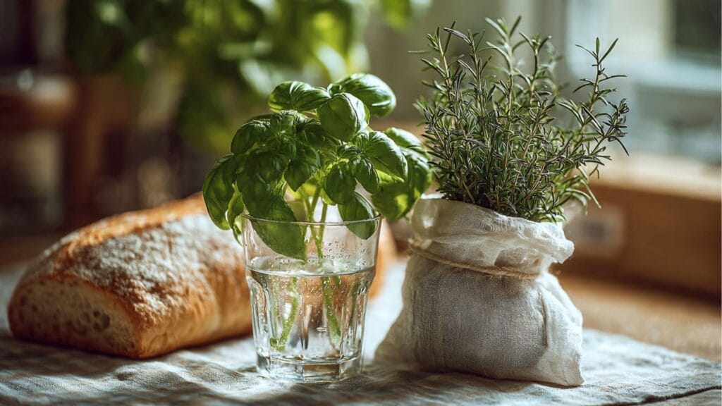 Kräuter länger frisch halten Basilikum im Wasserglas und Brot richtig lagern