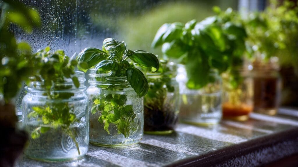 Frische Minze und Basilikum wachsen im Wasserglas auf der Fensterbank