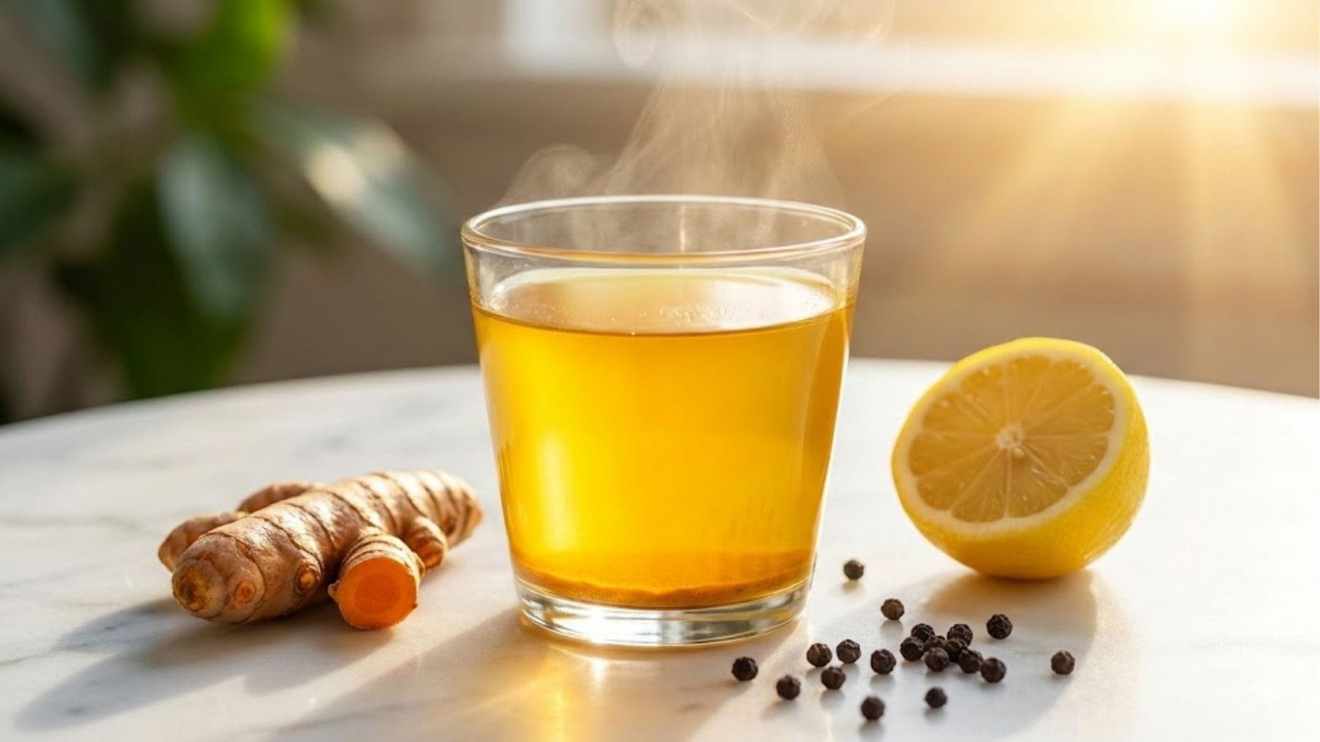 Ein Glas goldenes Kurkuma-Wasser mit Zitrone und Pfeffer in der Morgensonne.