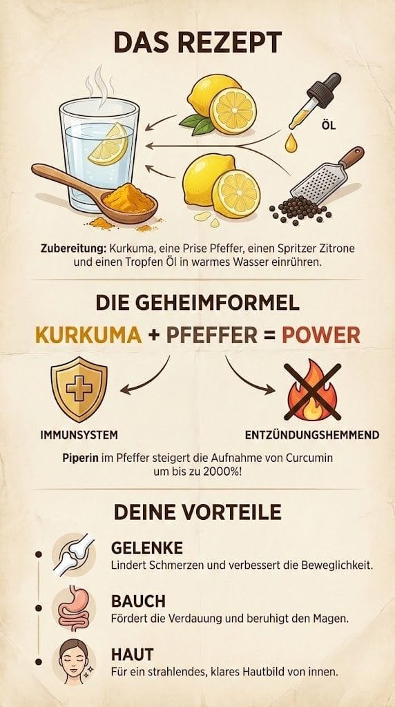 Infografik: Rezept für Kurkuma-Wasser und die Wirkung von Pfeffer und Öl.