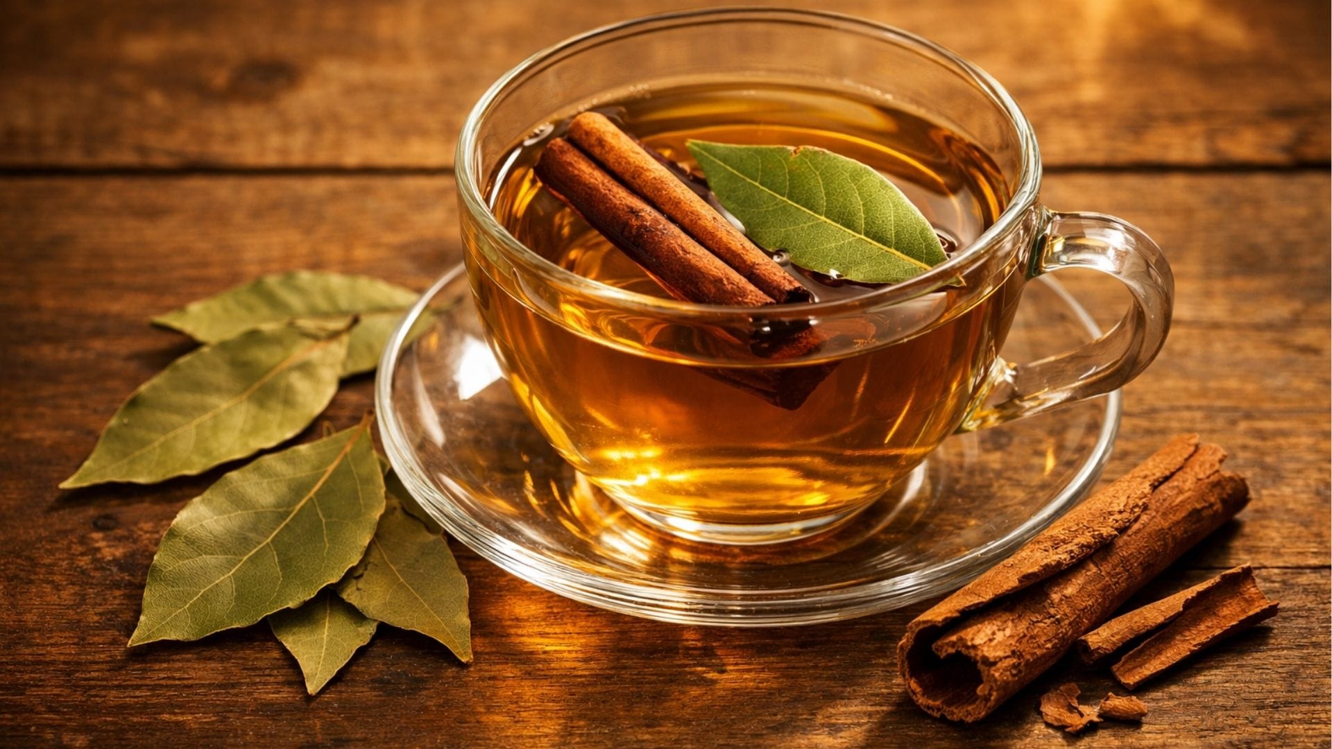 Eine Tasse Lorbeertee mit Zimtstange und getrockneten Lorbeerblättern auf einem Holztisch.