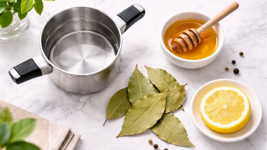 Alt Text : Frische und getrocknete Lorbeerblätter und eine Zitrone, bereit für die Tee-Zubereitung.

