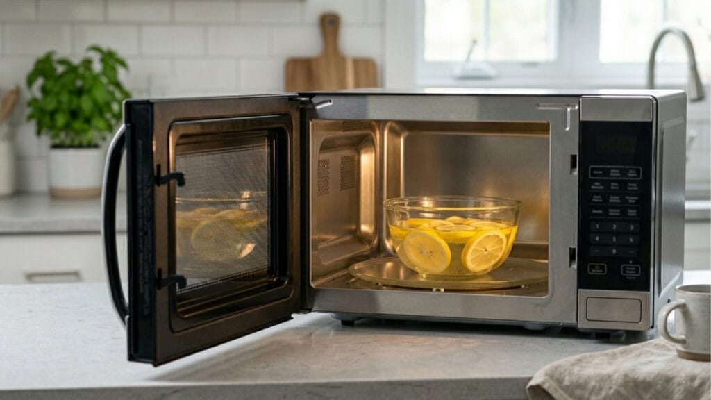 Mikrowelle schnell reinigen mit Zitronenwasser Dampf Trick