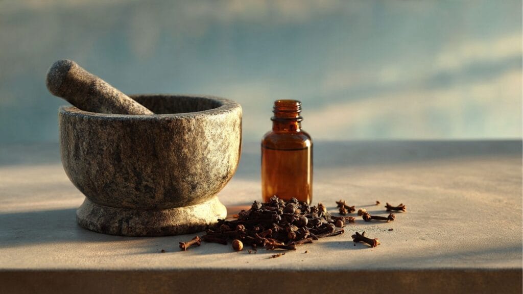 Scène rustique montrant les ingrédients et les outils pour la préparation du remède maison Nelkenwasser.