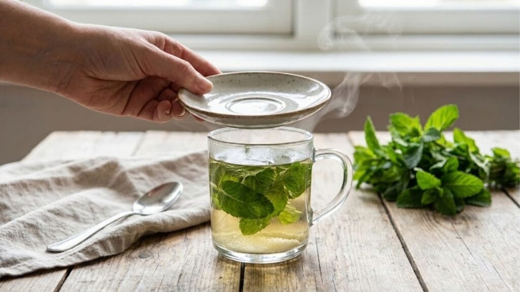 Pfefferminztee richtig zubereiten: Tasse abdecken damit das ätherische Öl nicht verdunstet