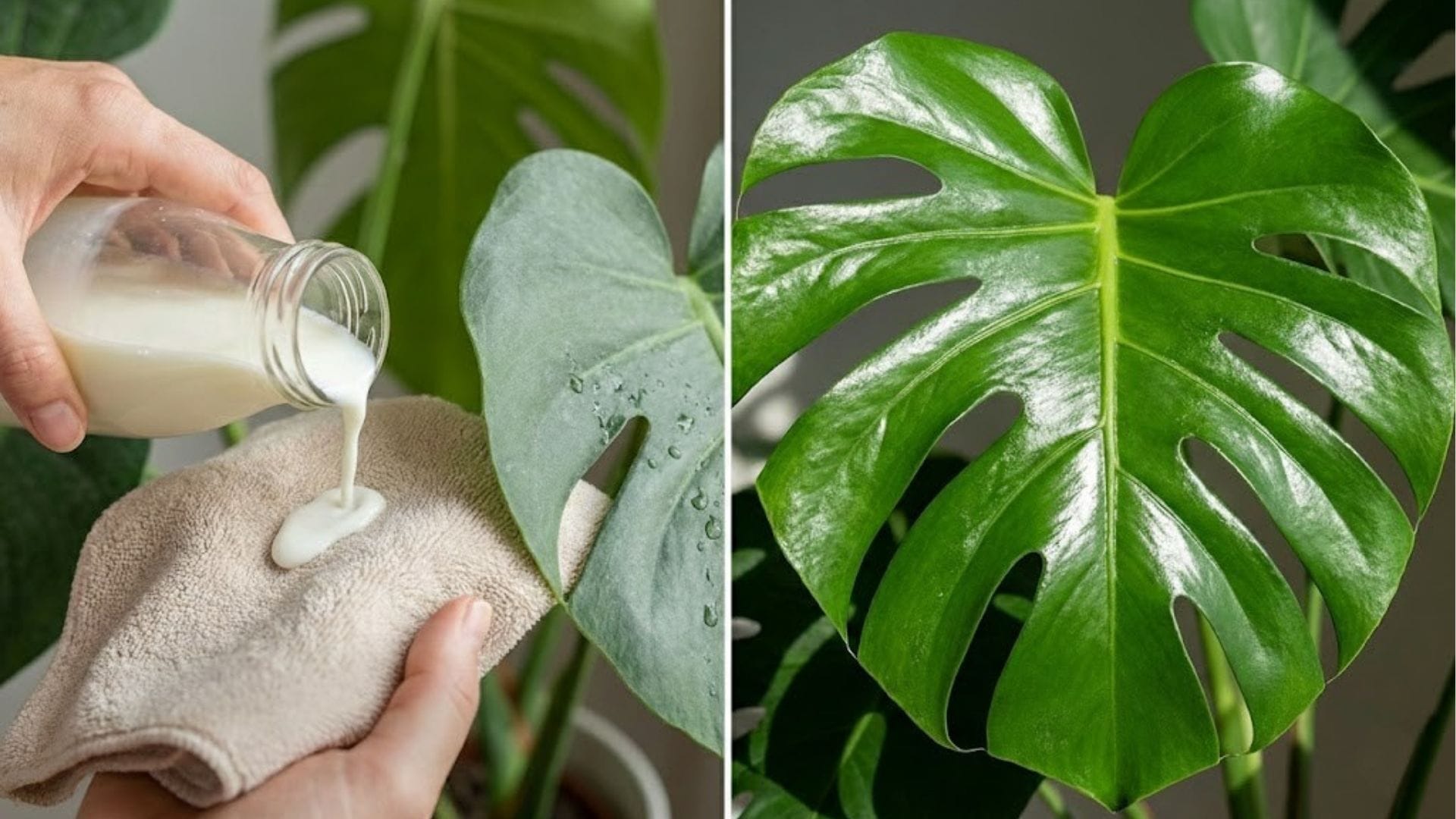 Links: Milch wird auf ein Tuch gegeben. Rechts: Das glänzende Ergebnis auf dem Pflanzenblatt.