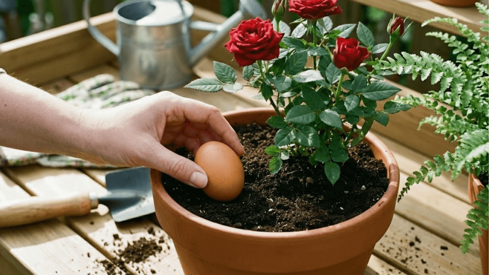 Ein rohes Ei als Dünger wird in einen Blumentopf mit Erde gelegt, um Rosen und Zimmerpflanzen zu stärken