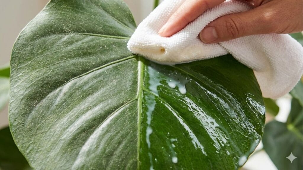 Anleitung: Pflanzenblätter mit einem Tuch und Milchwasser abwischen.