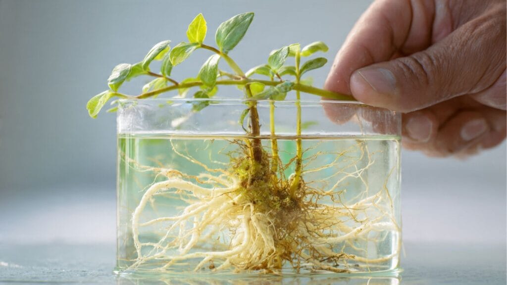 Pflanzensteckling mit weißen Wurzeln im Wasser – Anleitung zum Vermehren