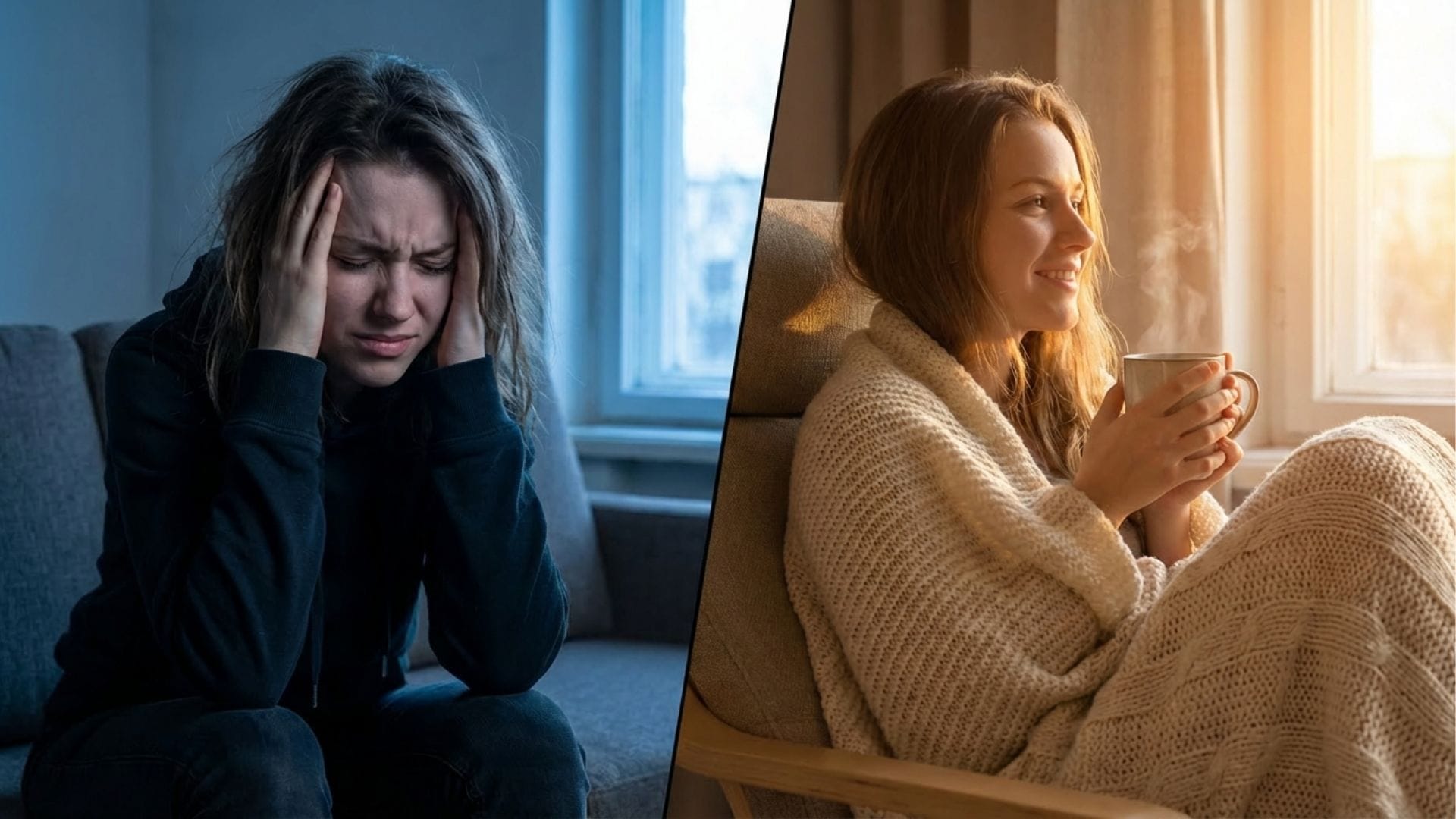 Eine Frau entspannt sich mit einer heißen Tasse Tee gegen Beschwerden.