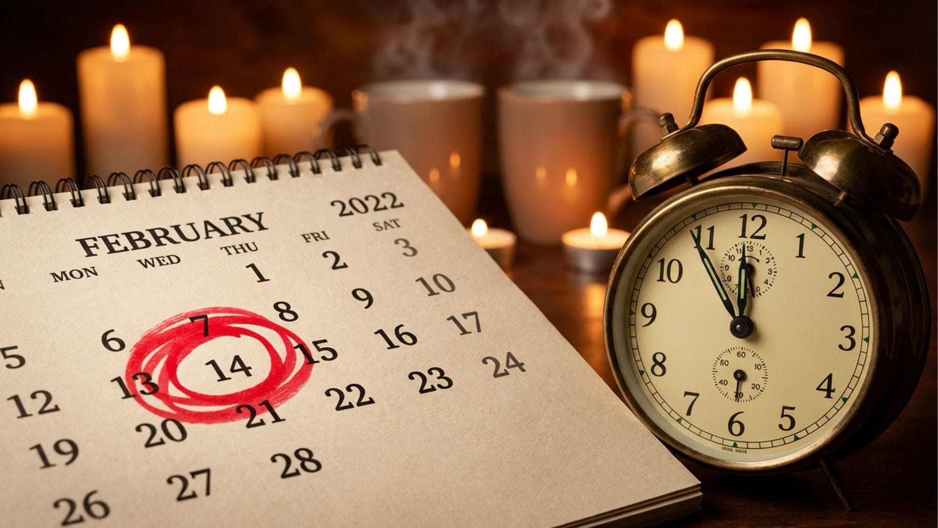 Kalender mit markiertem 14. Februar und Wecker, im Hintergrund romantische Stimmung mit Kerzen - Last Minute Valentinstag Ideen