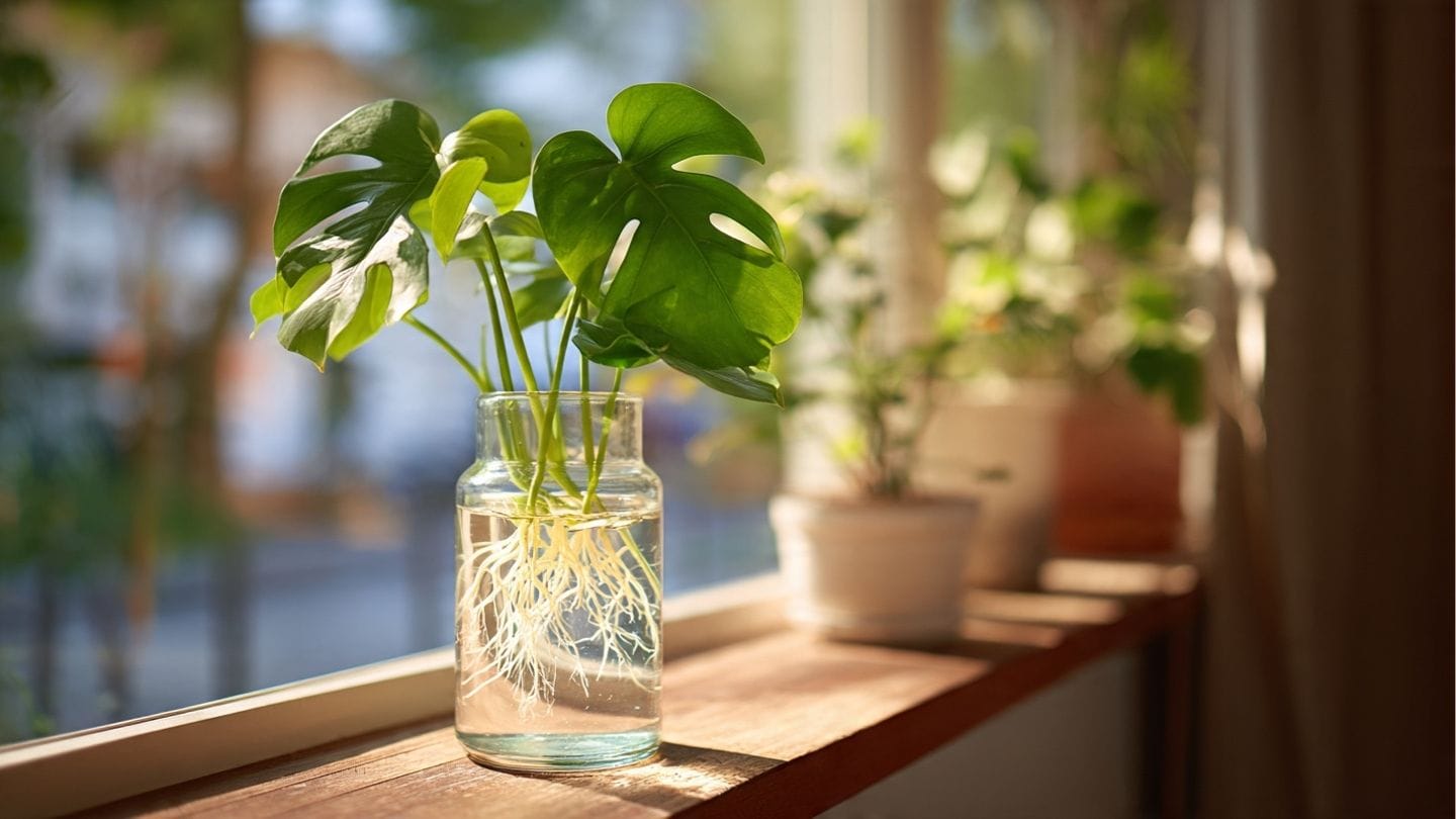 Monstera Steckling mit Wurzeln im Wasserglas auf der Fensterbank – Trend Hydrokultur