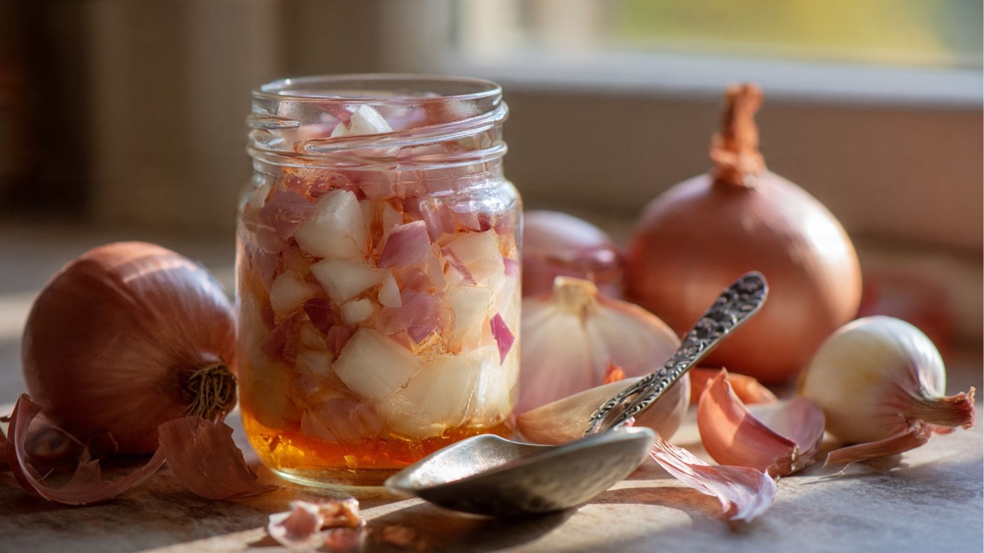 Selbstgemachter Zwiebelsaft gegen Husten im Glas: Rote Zwiebeln mit Zucker als natürlicher Hustensaft