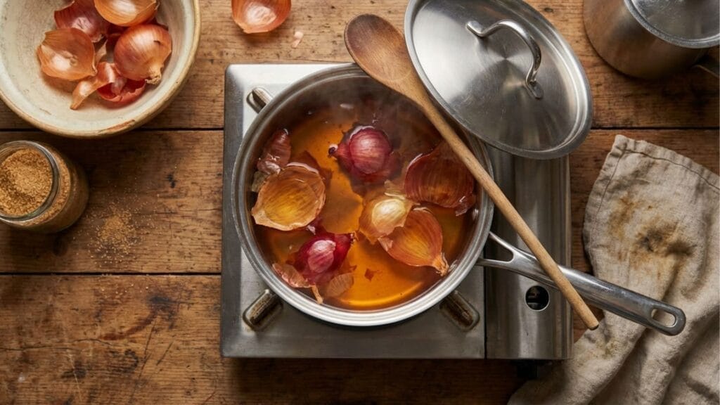 Zwiebelschalen kochen im Topf: Herstellung von Zwiebelwasser als natürlicher Dünger und Tee