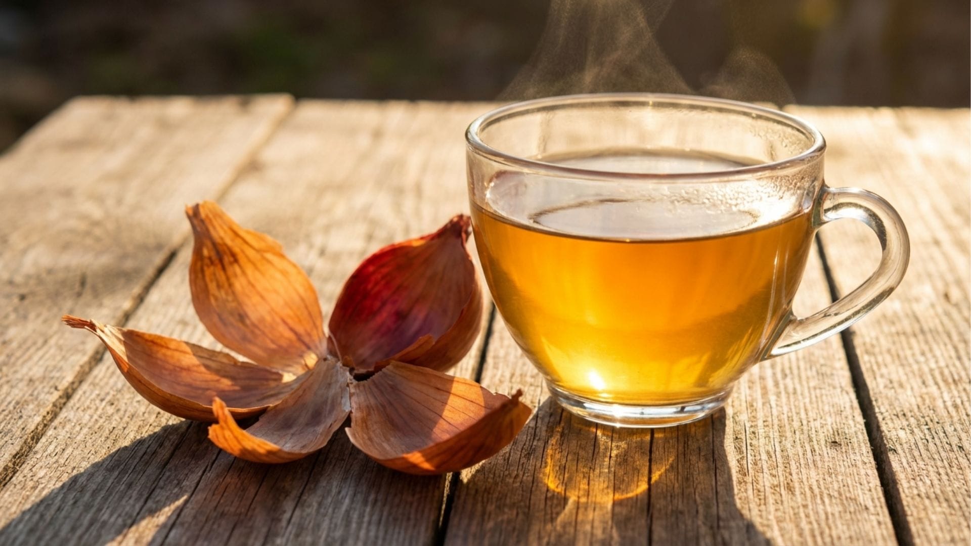 Goldener Zwiebelschalen Tee in einer Glastasse auf Holztisch, daneben rote Zwiebelschalen - Hausmittel zum Einschlafen