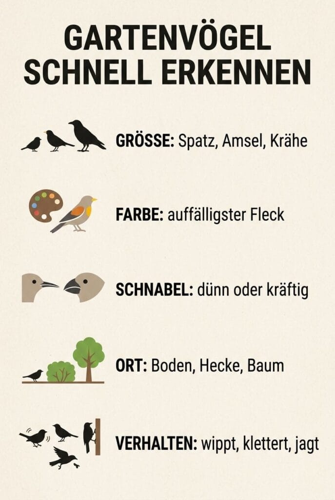Checkliste Gartenvögel erkennen Größe Farbe Schnabel Ort Verhalten