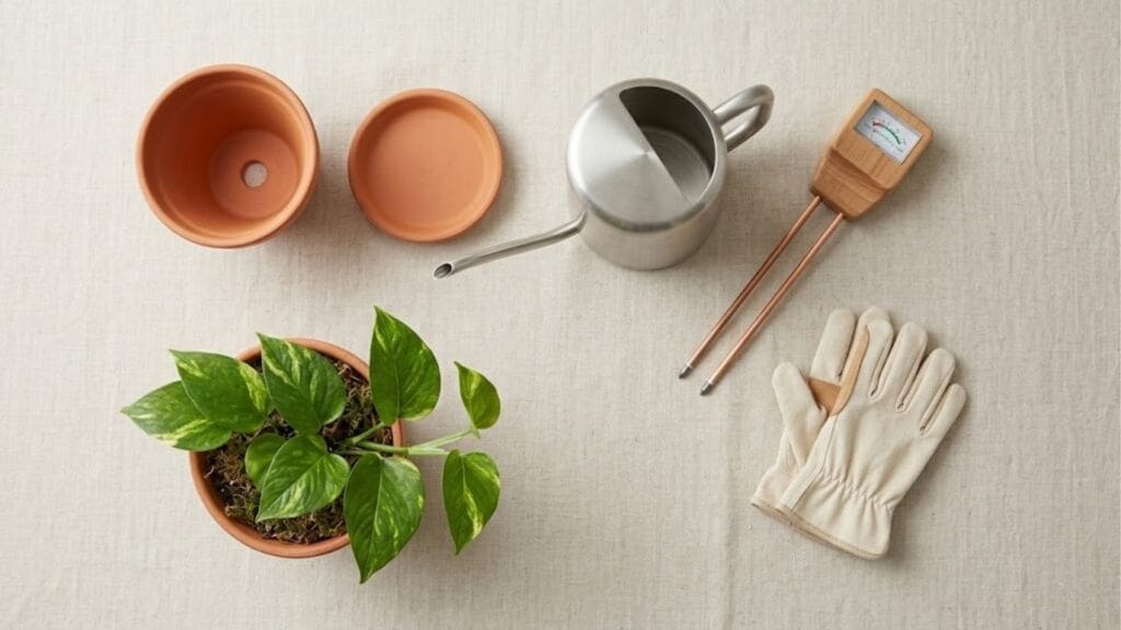 Zimmerpflanzen Pflege Guide: richtig gießen, Topf mit Abflussloch und Untersetzer